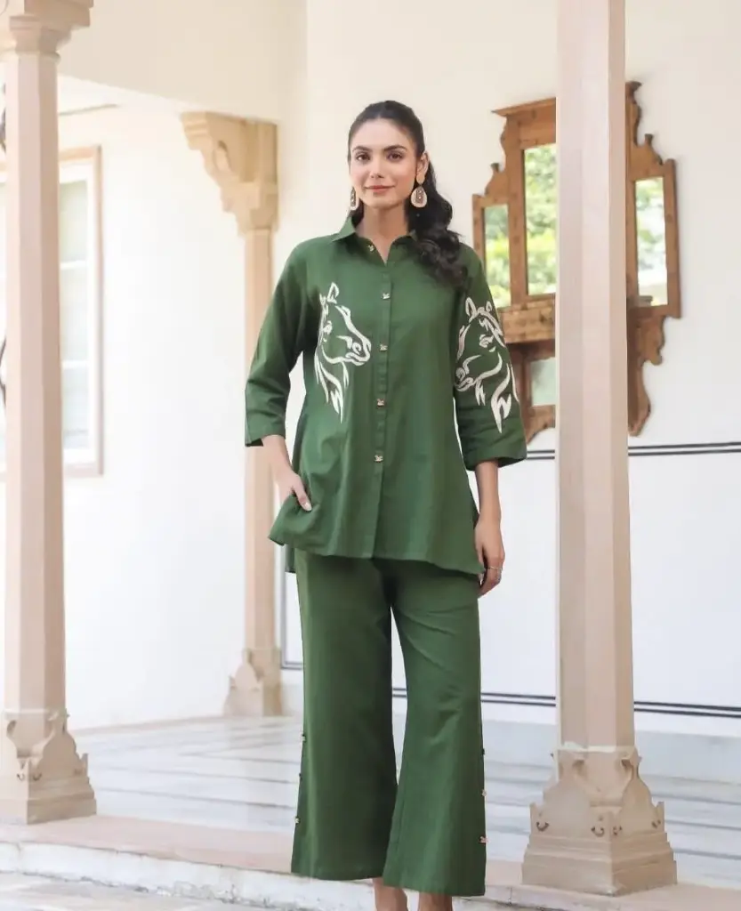 Olive Horse Embroidered Cotton Co-ord Set (M)