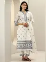 Off White Embroidered Cotton Straight Suit Set With Dupatta
