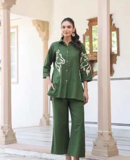 Olive Horse Embroidered Cotton Co-ord Set